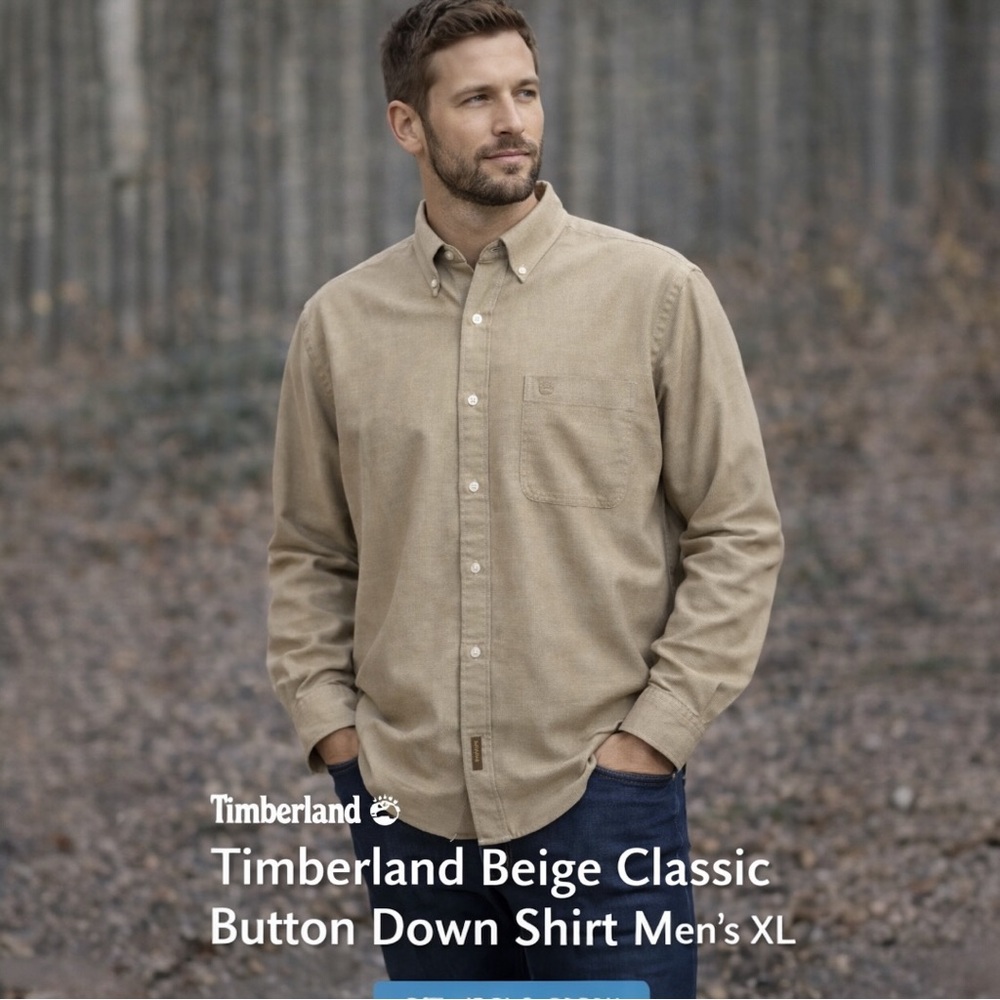 Timberland Men’s XL Beige Button Down Shirt 100% Cotton Classic Fit